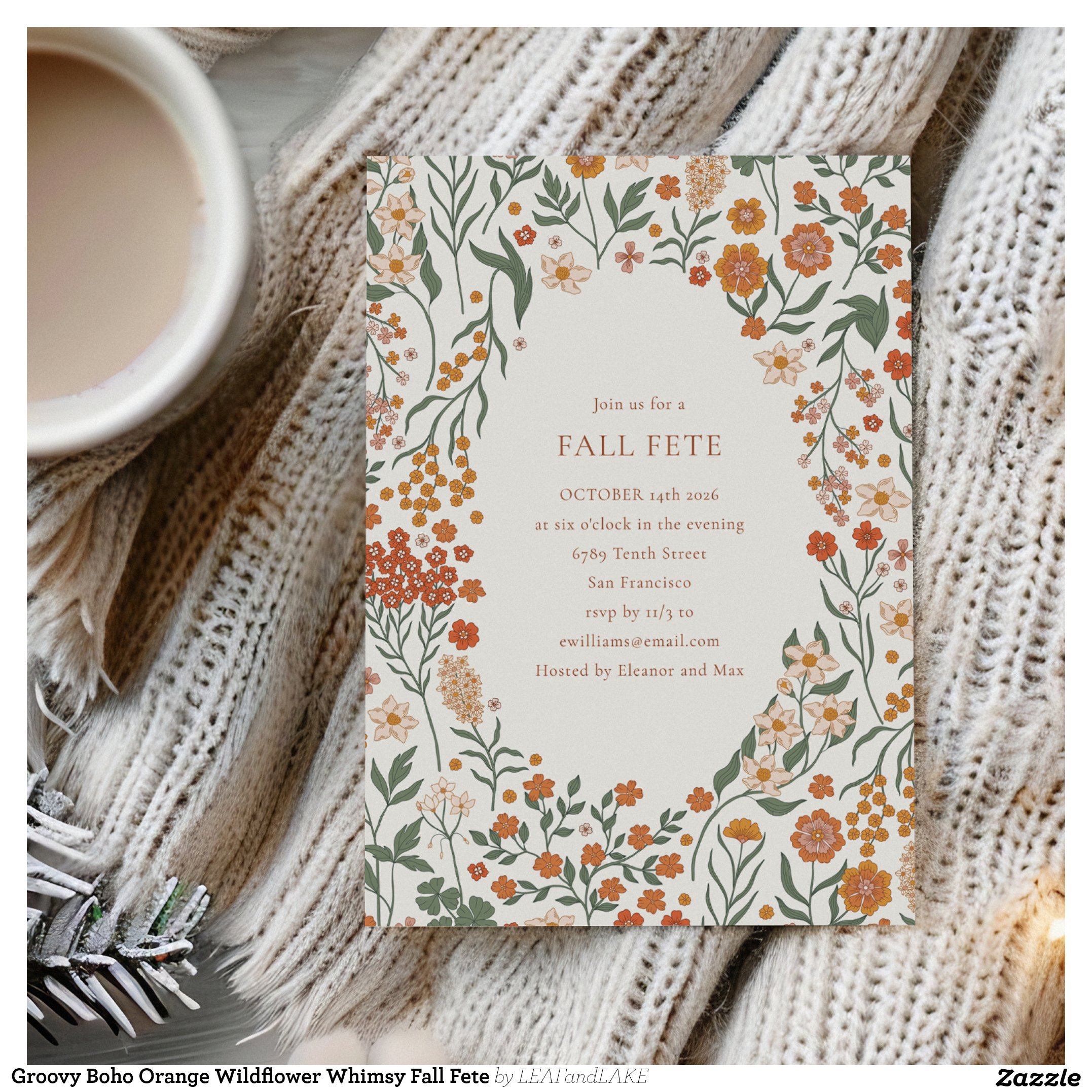 Groovy Boho Orange Wildflower Whimsy Fall Fete Invitation