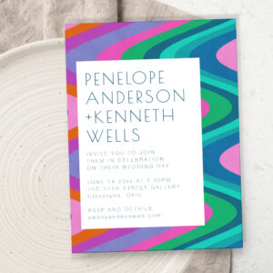 Groovy Colorful Curvy Lines Unique Retro Wedding Invitation