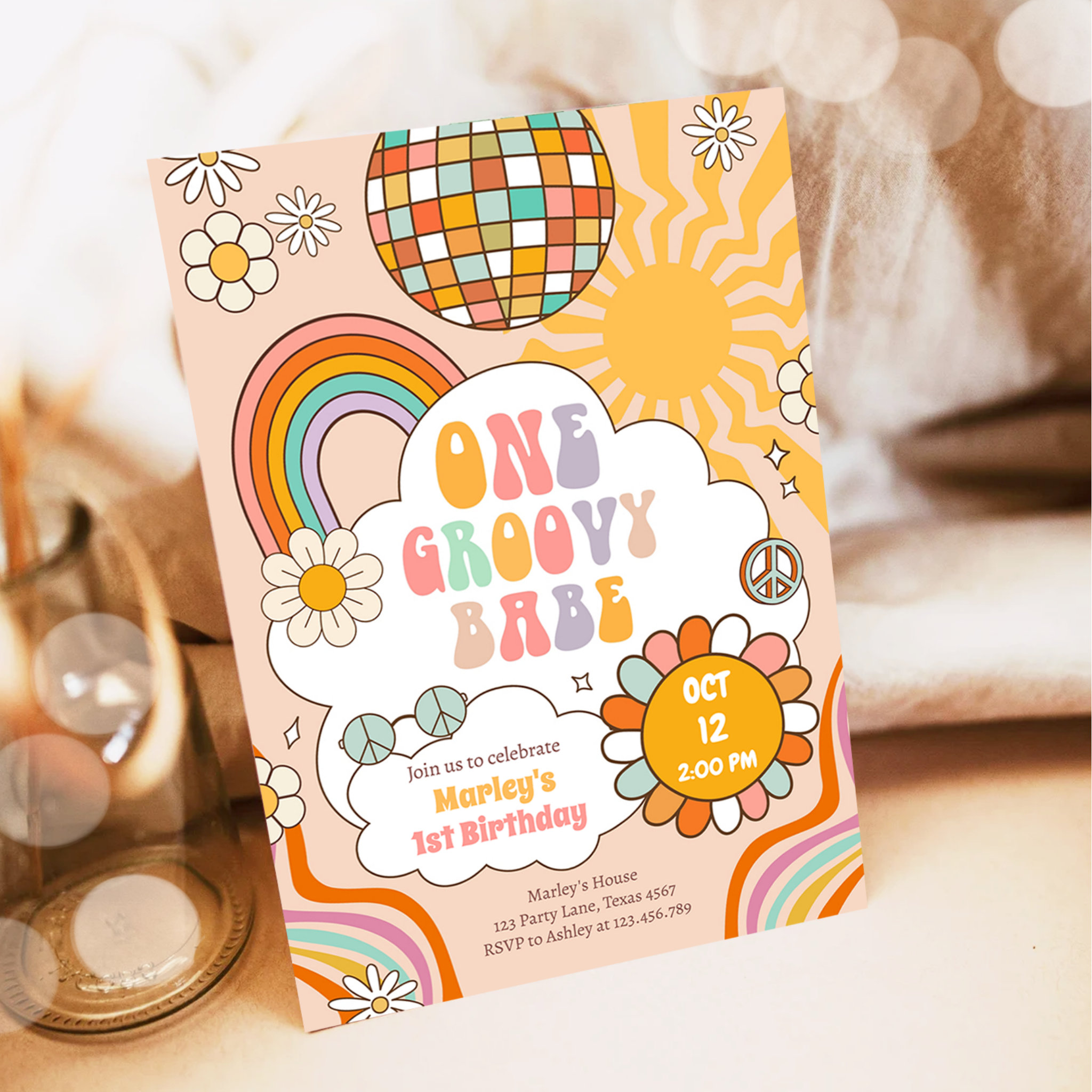 Groovy One Girl Retro 70s Rainbow 1st Birthday Invitation