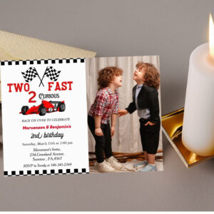 Grow up too fast race car twin boys 2nd birthday  invitation