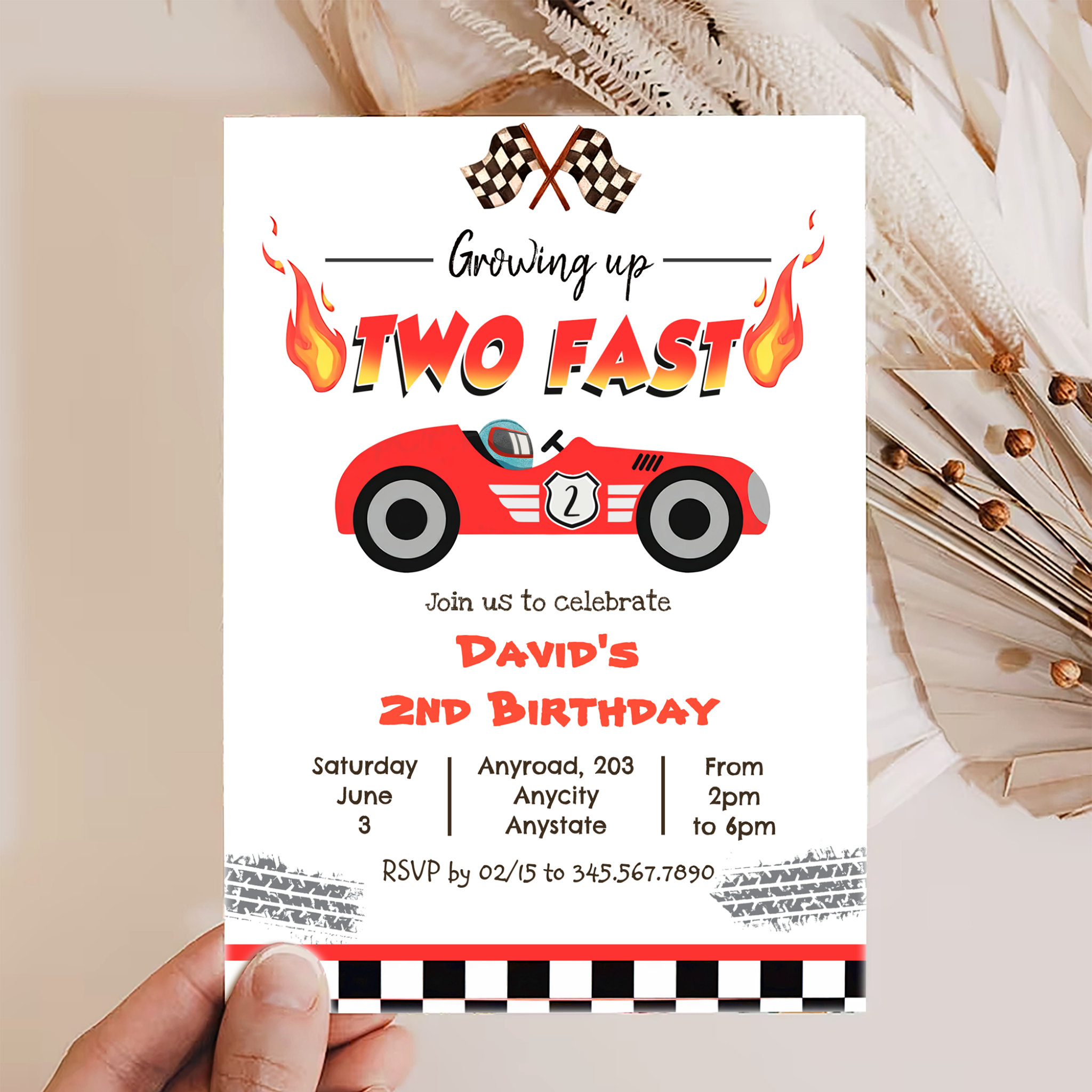 Growing Up One Fast Red Race Car 1st Birthday Invitation