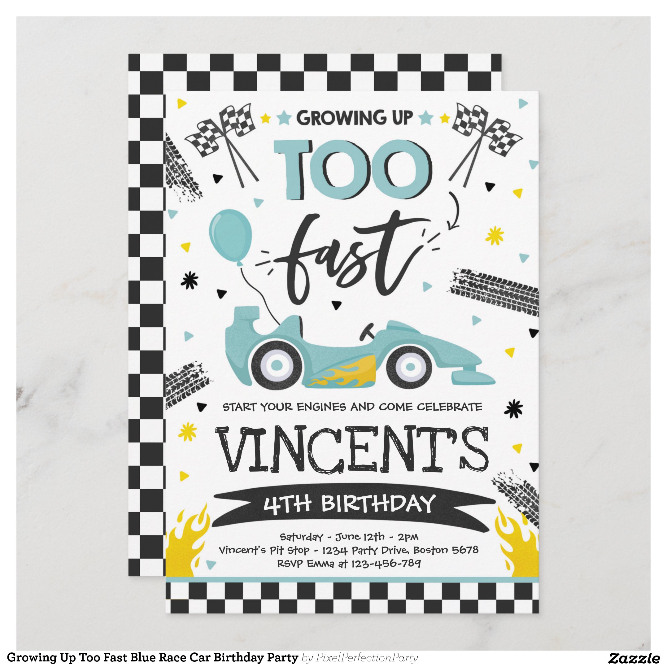 Growing Up Too Fast Blue Race Car Birthday Party Invitation