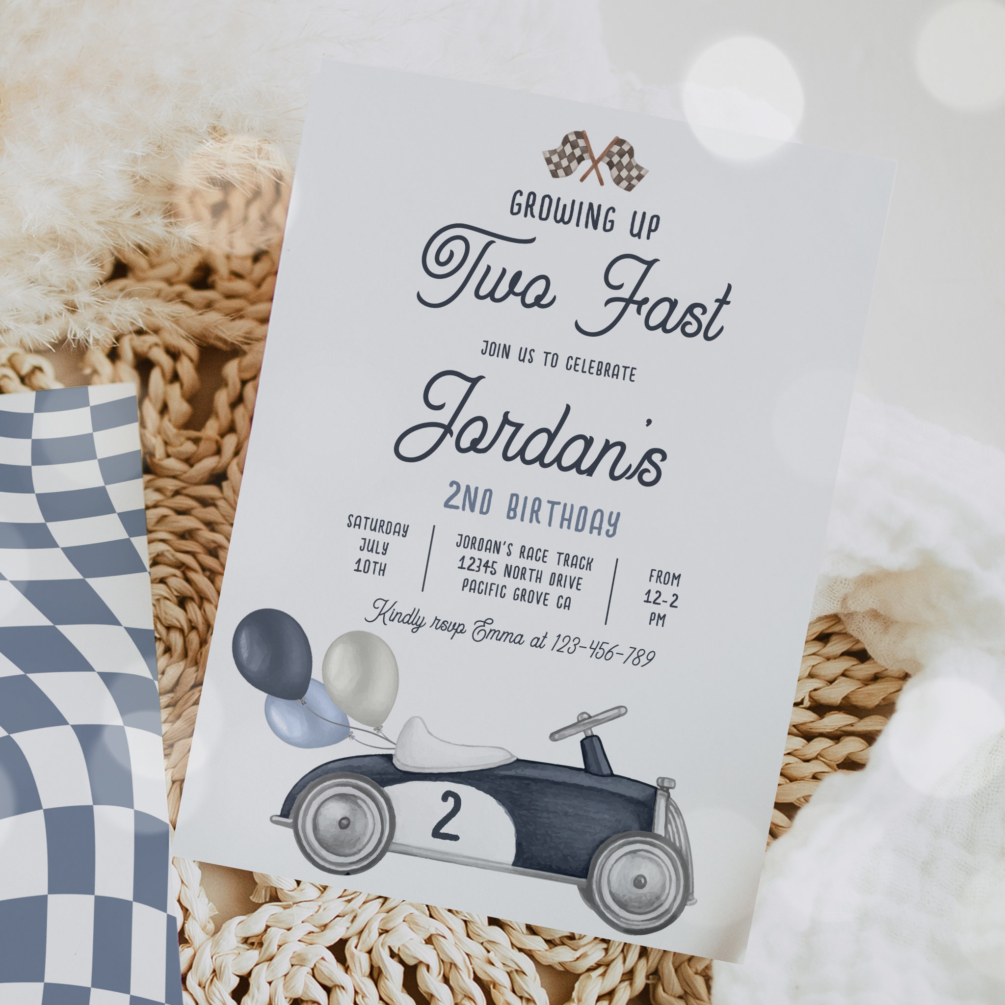 Growing Up Two Fast Blue Race Car 2nd Birthday Invitation