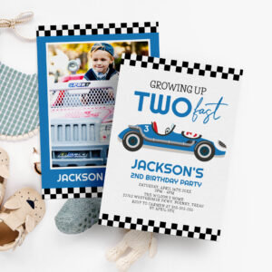 Growing Up Two Fast Blue Race Car 2nd Birthday Invitation