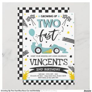 Growing Up Two Fast Blue Race Car 2nd Birthday  Invitation