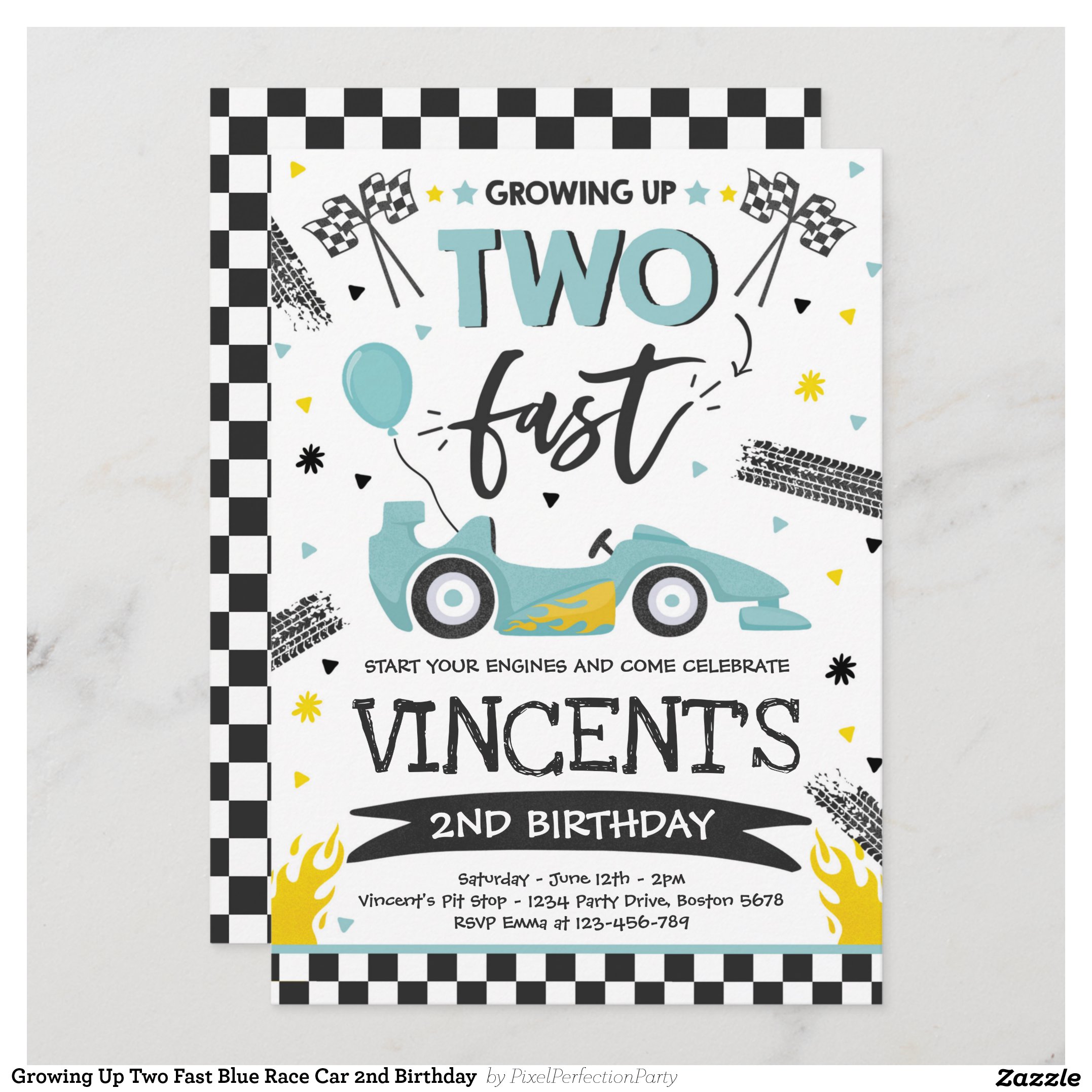 Growing Up Two Fast Blue Race Car 2nd Birthday  Invitation