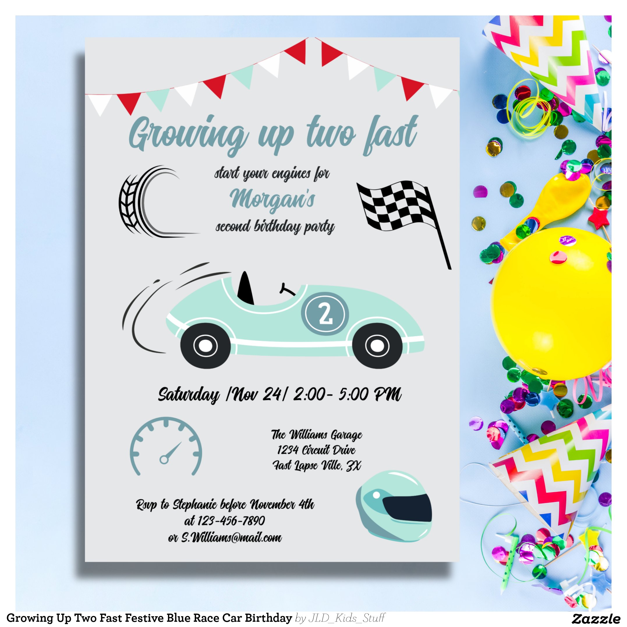 Growing Up Two Fast Festive Blue Race Car Birthday Invitation