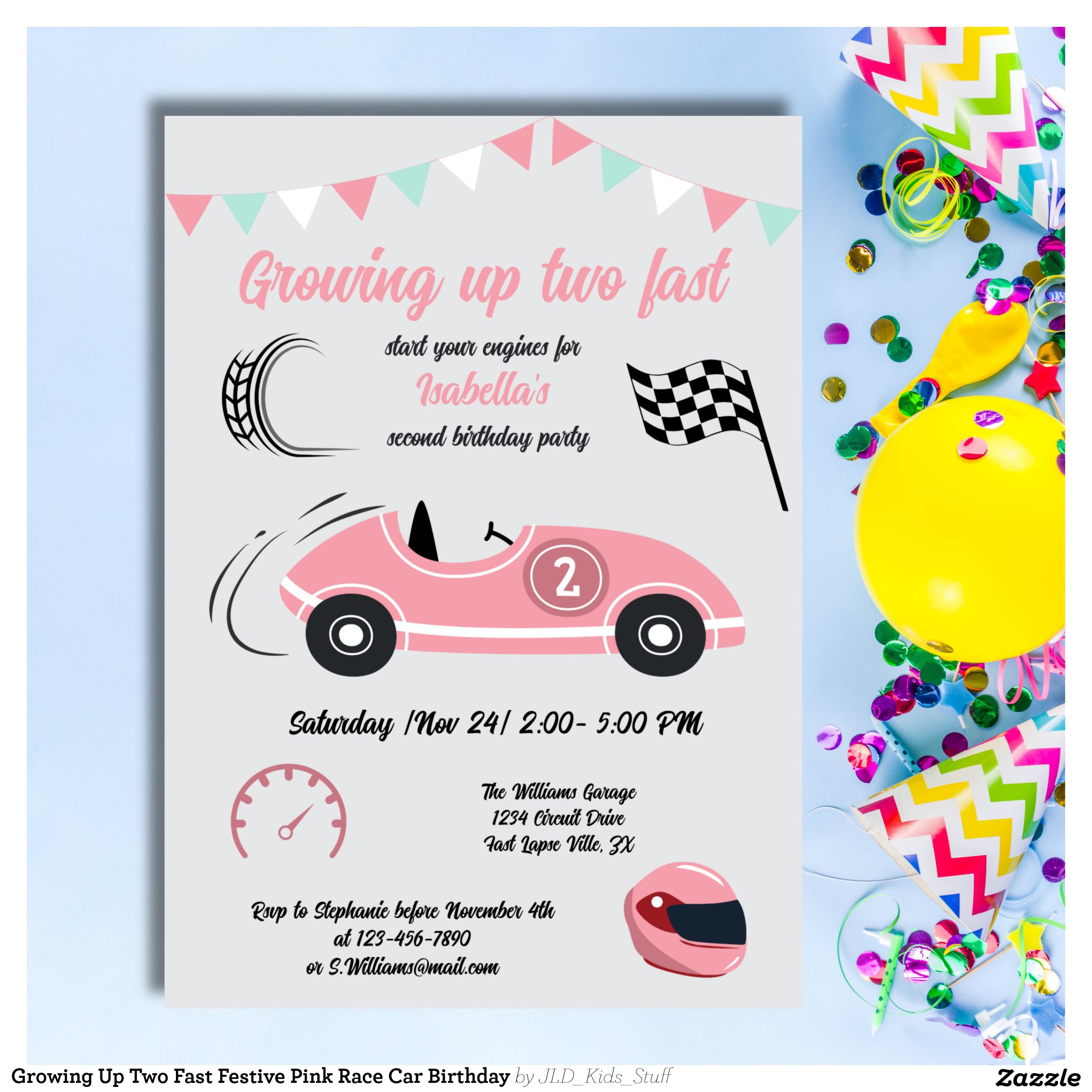 Growing Up Two Fast Festive Pink Race Car Birthday Invitation
