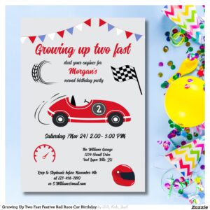 Growing Up Two Fast Festive Red Race Car Birthday Invitation