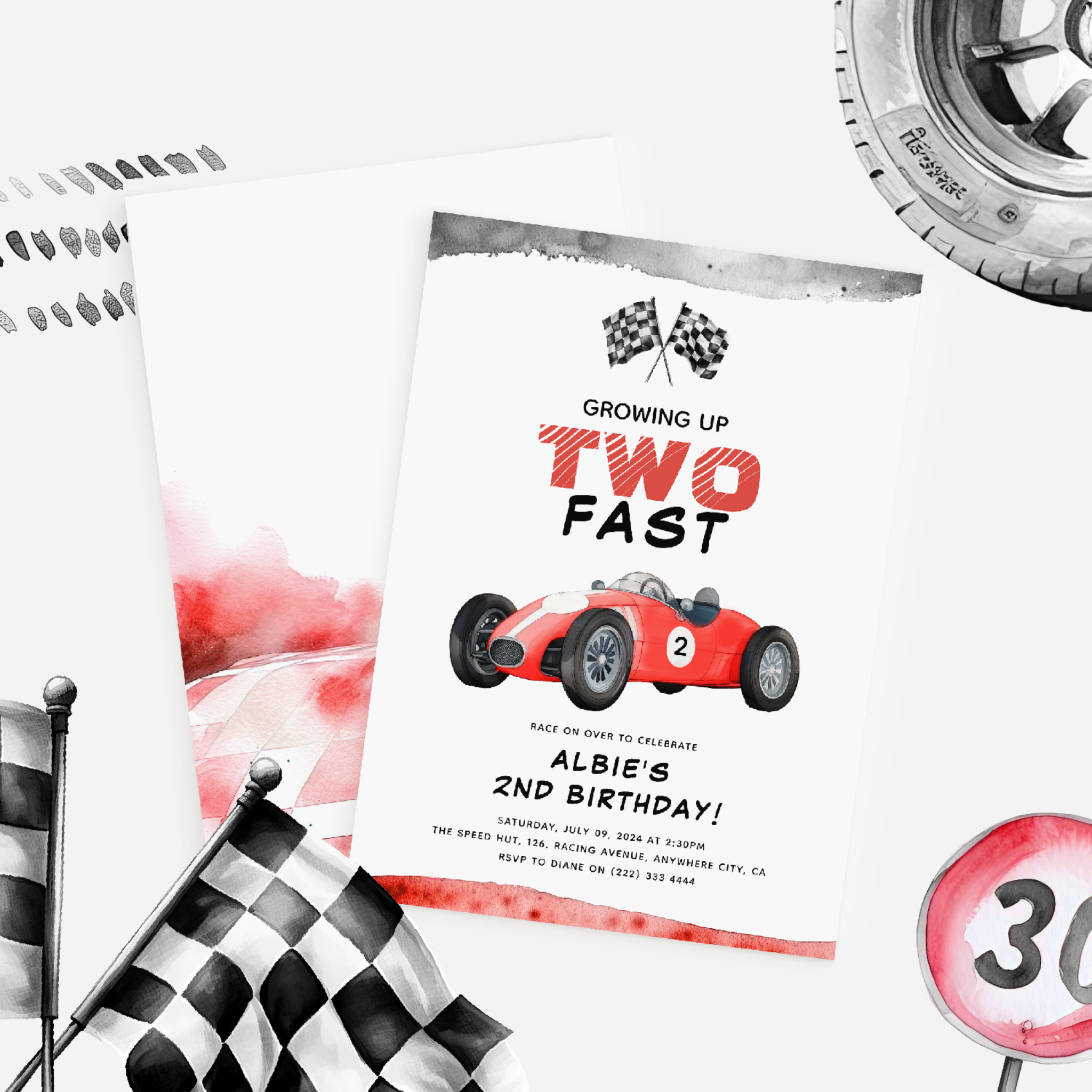 Growing Up TWO Fast Little Racer 2nd Birthday Invitation