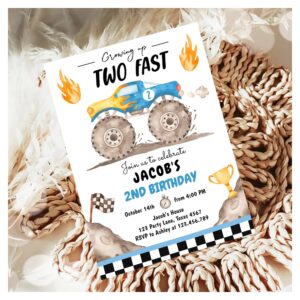 Growing Up Two Fast Monster Truck Boy Birthday Invitation