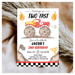 Growing Up Two Fast Monster Truck Boy Birthday Invitation