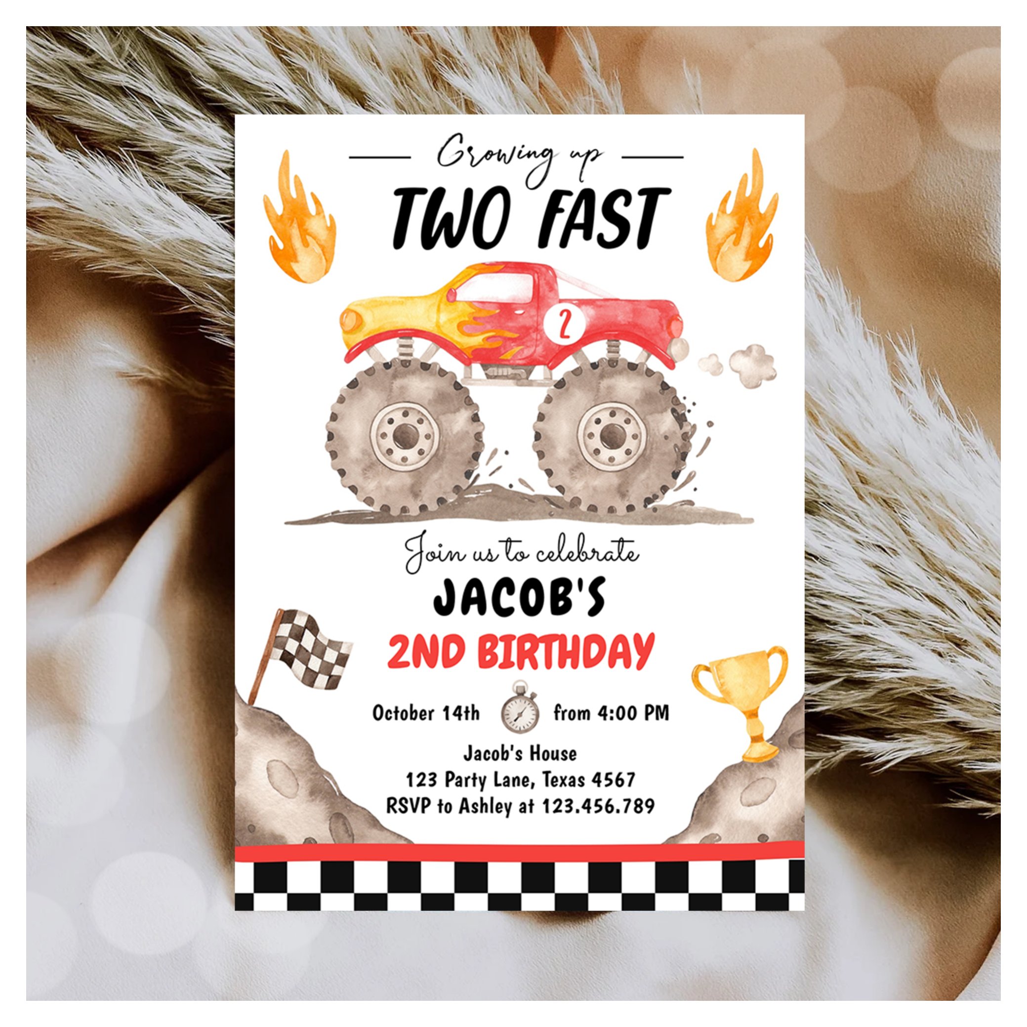 Growing Up Two Fast Monster Truck Boy Birthday Invitation