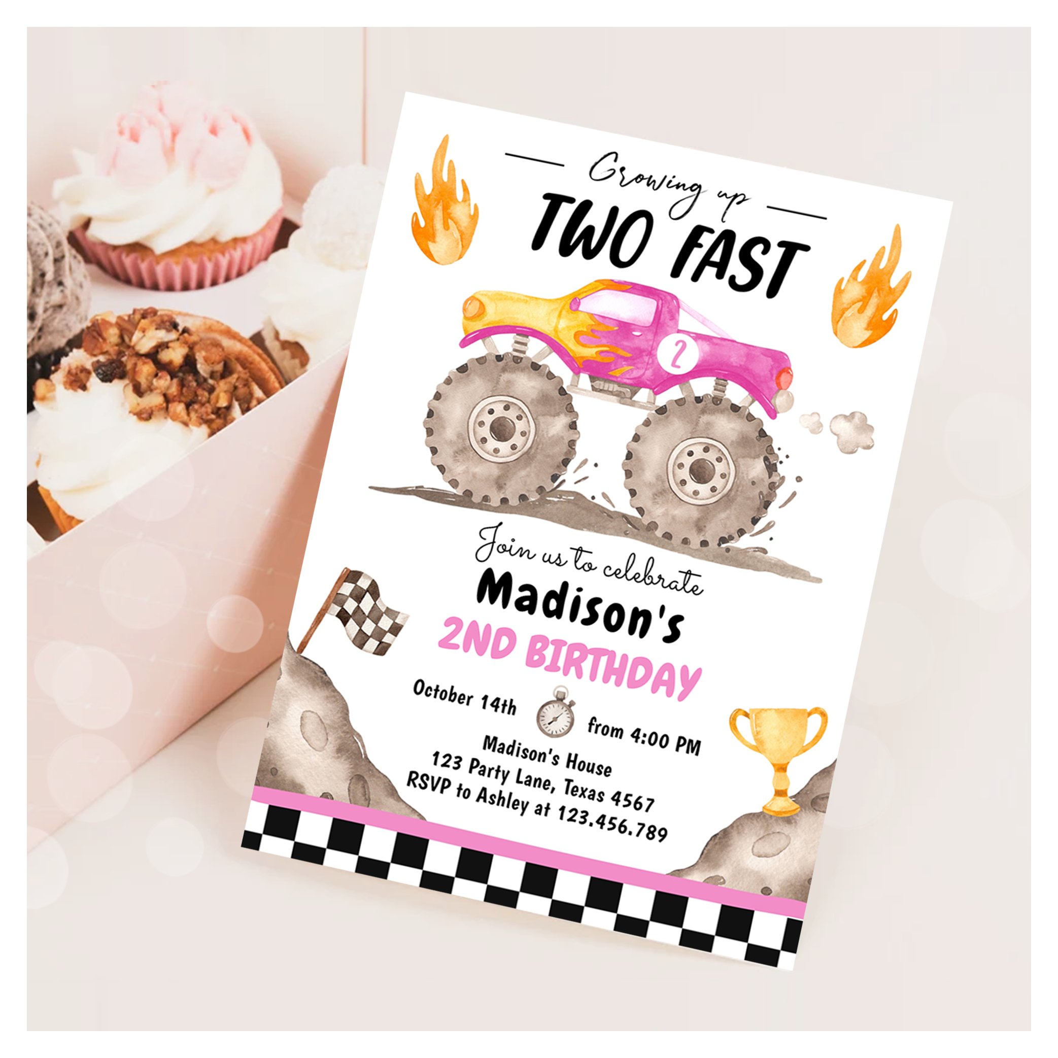 Growing Up Two Fast Monster Truck Girl Birthday Invitation