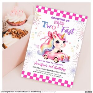 Growing Up Two Fast! Pink Race Car 2nd Birthday  Invitation