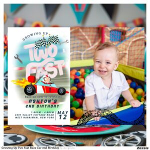 Growing Up Two Fast Race Car 2nd Birthday Invitation
