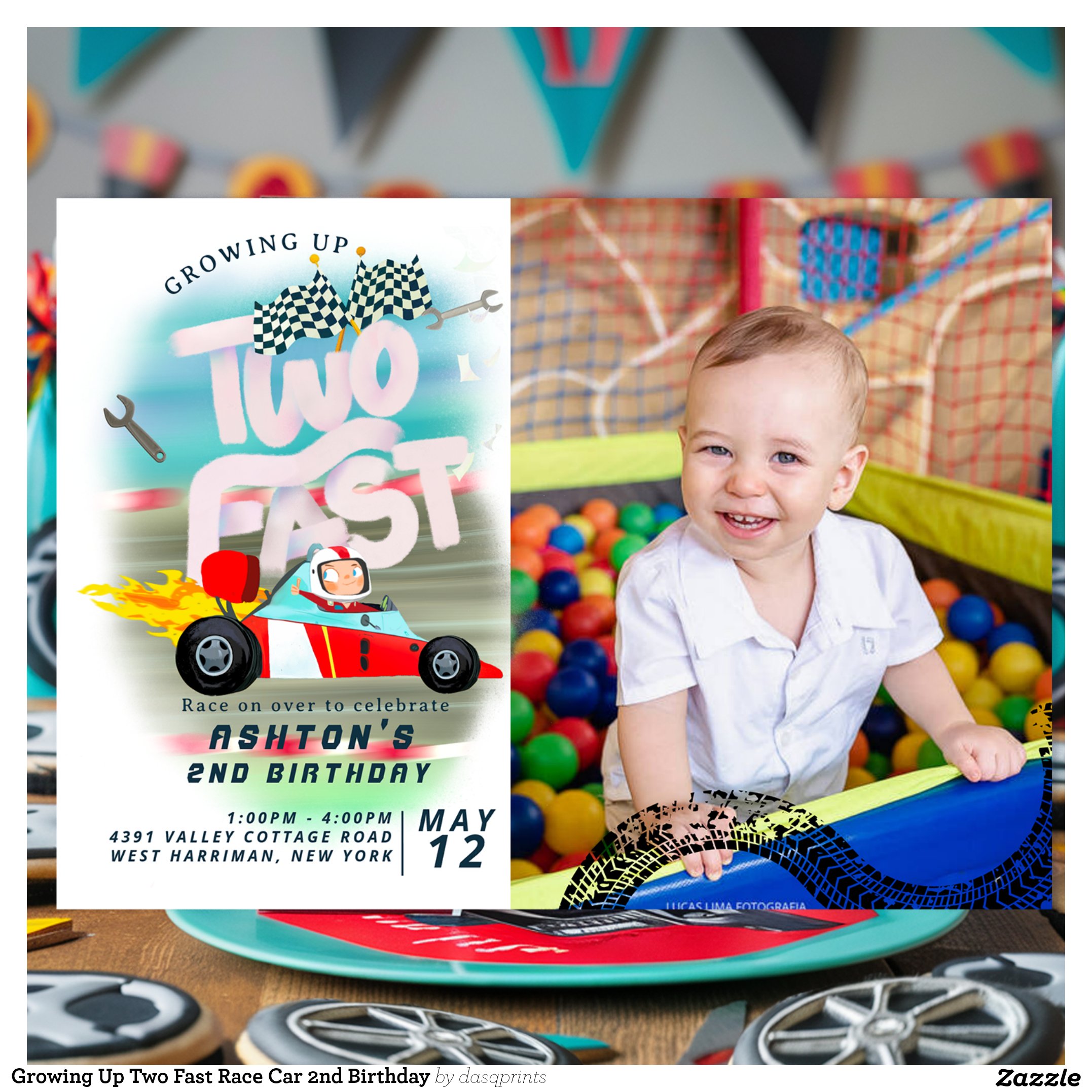 Growing Up Two Fast Race Car 2nd Birthday Invitation