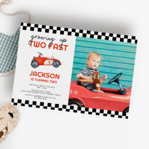 Growing Up Two Fast Race Car 2nd Birthday Party Invitation