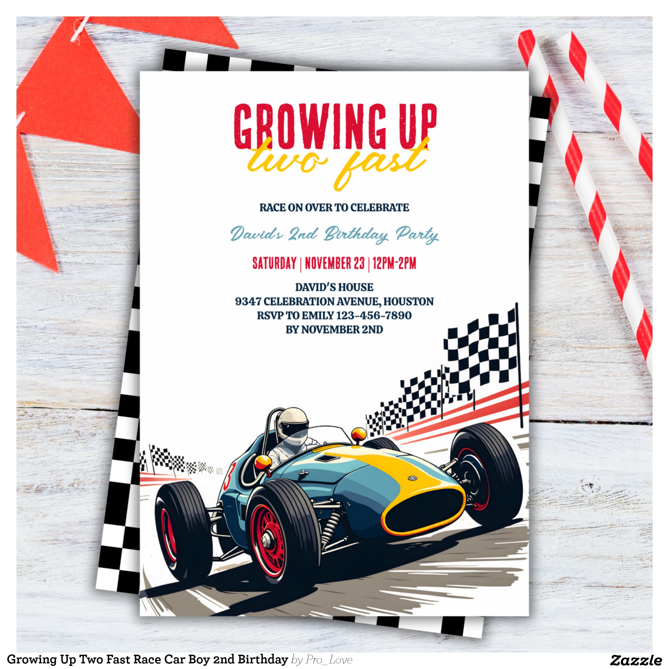 Growing Up Two Fast Race Car Boy 2nd Birthday Invitation