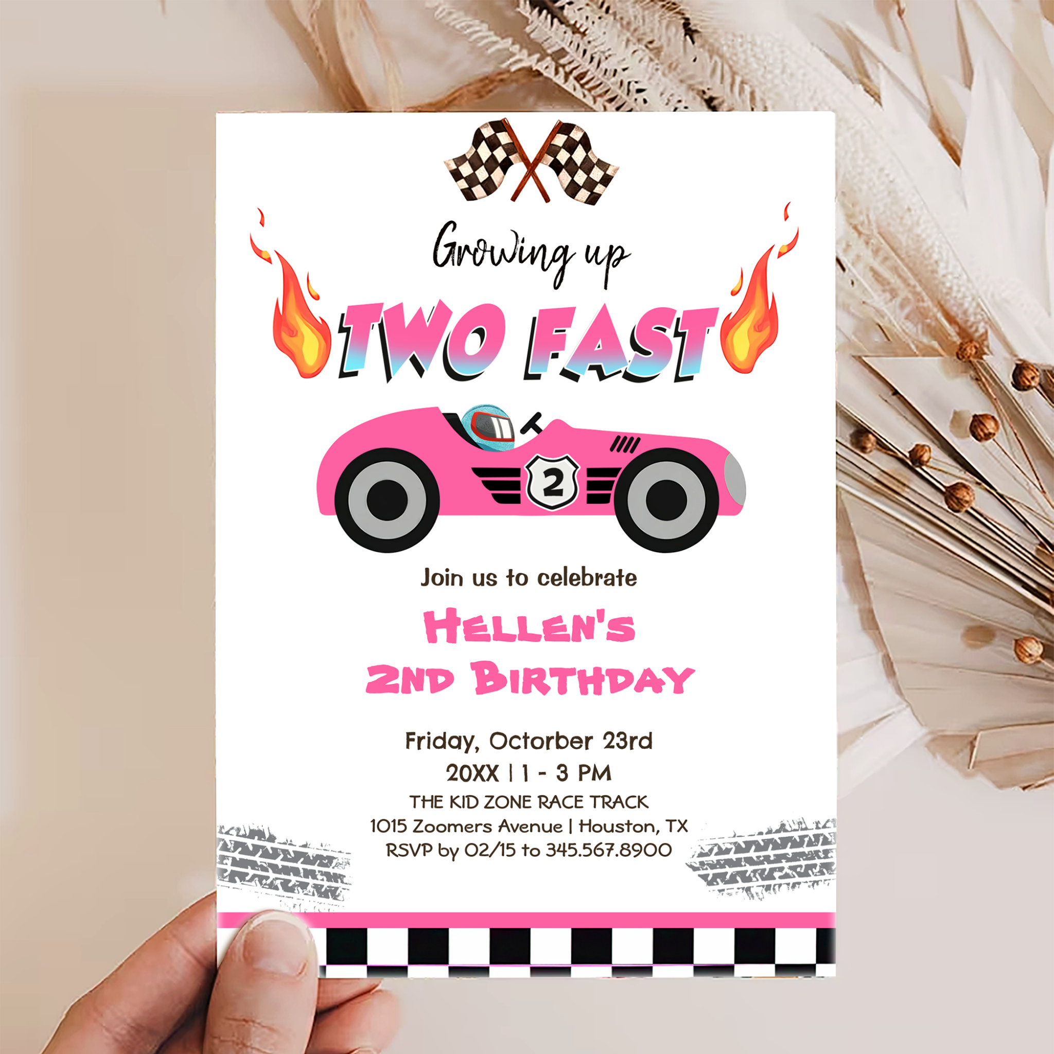 Growing Up Two Fast Red Race Car 1st Birthday Invitation