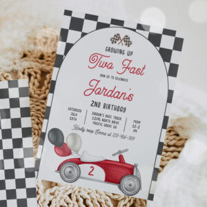 Growing Up Two Fast Red Race Car 2nd Birthday Invitation