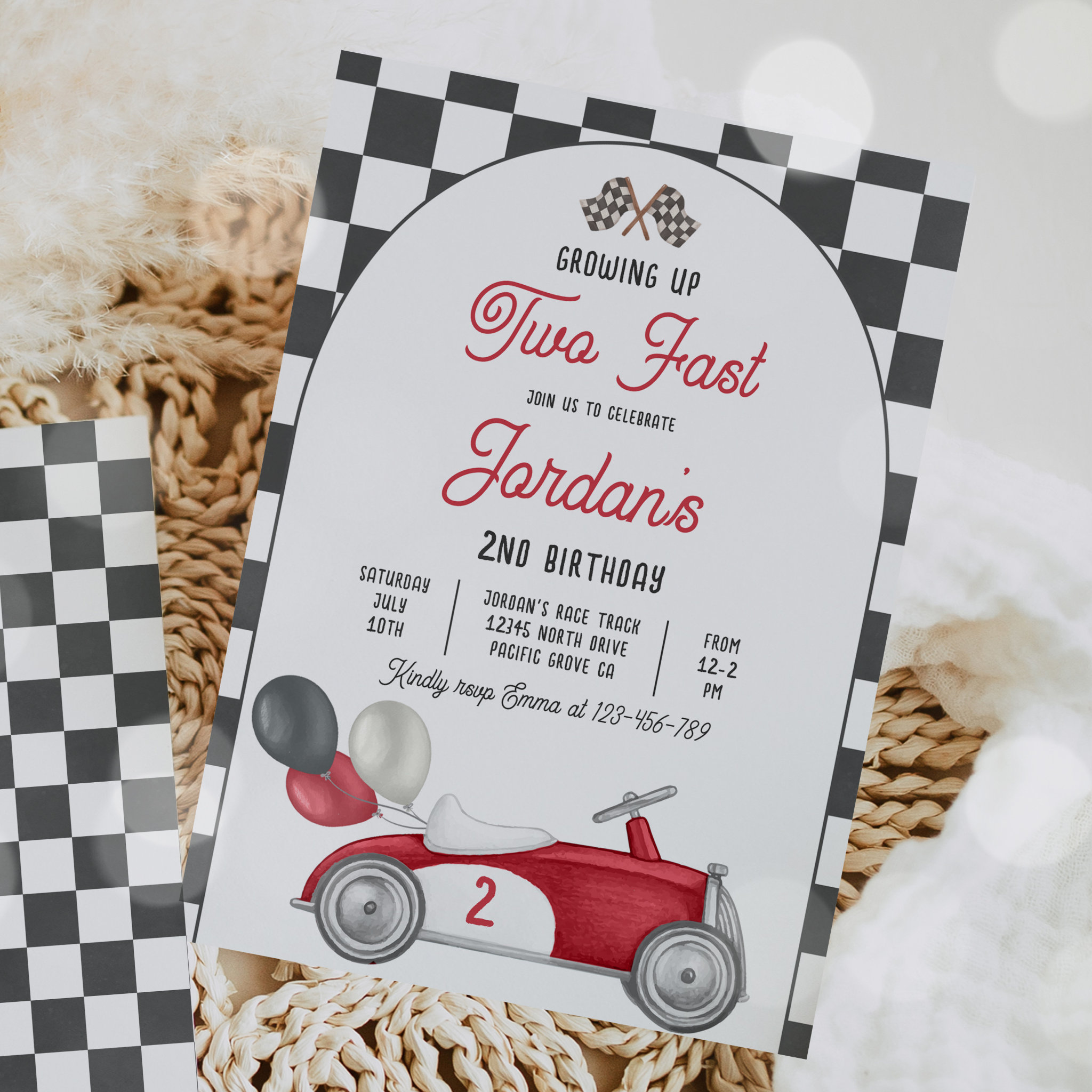 Growing Up Two Fast Red Race Car 2nd Birthday Invitation