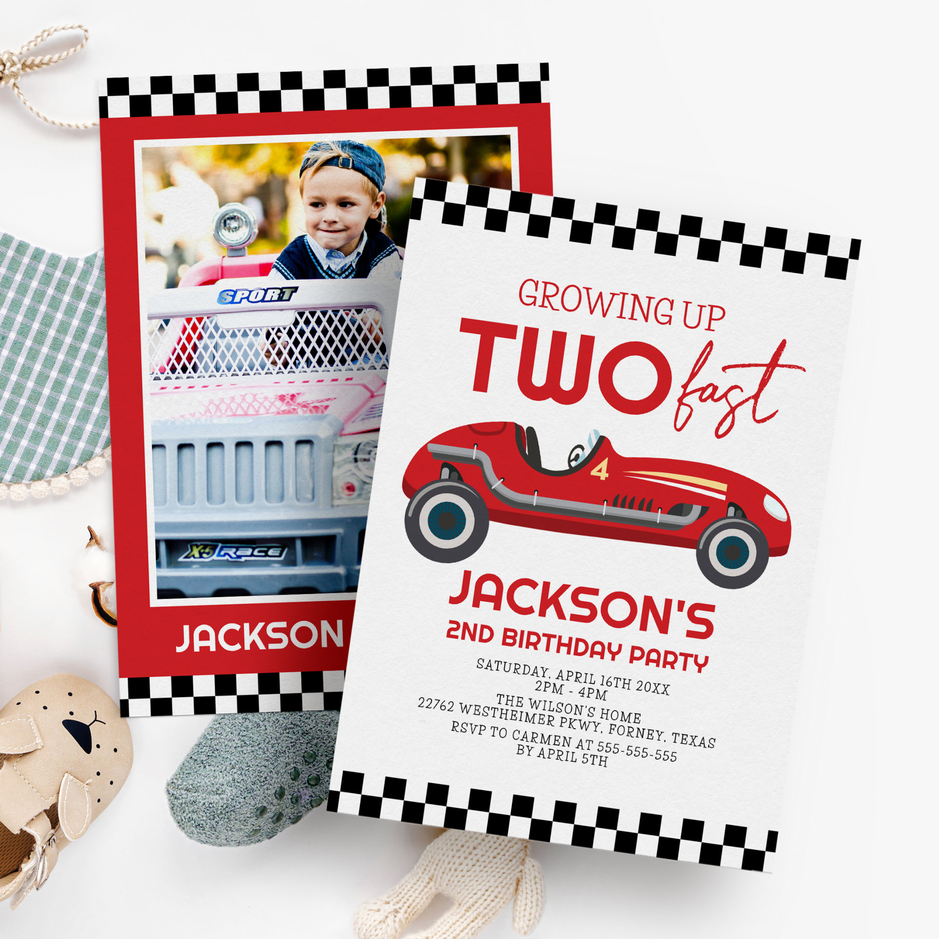 Growing Up Two Fast Red Race Car 2nd Birthday Invitation