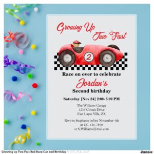 Growing up Two Fast Red Race Car 2nd Birthday Invitation