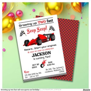 Growing up two fast red race sports car birthday invitation