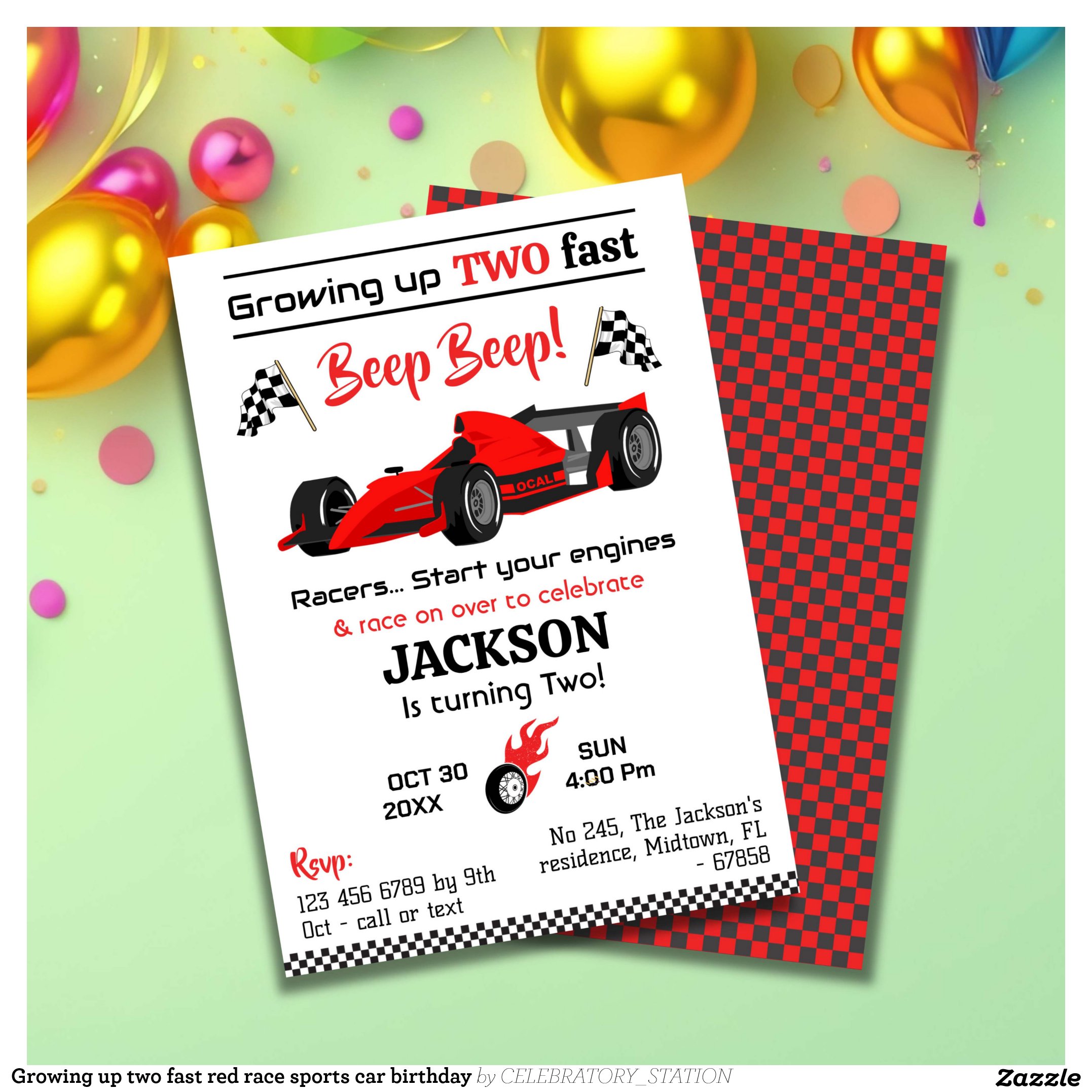 Growing up two fast red race sports car birthday invitation