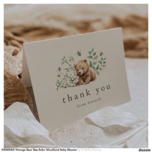 HANNAH Vintage Bear Bee Boho Woodland Baby Shower Thank You Card