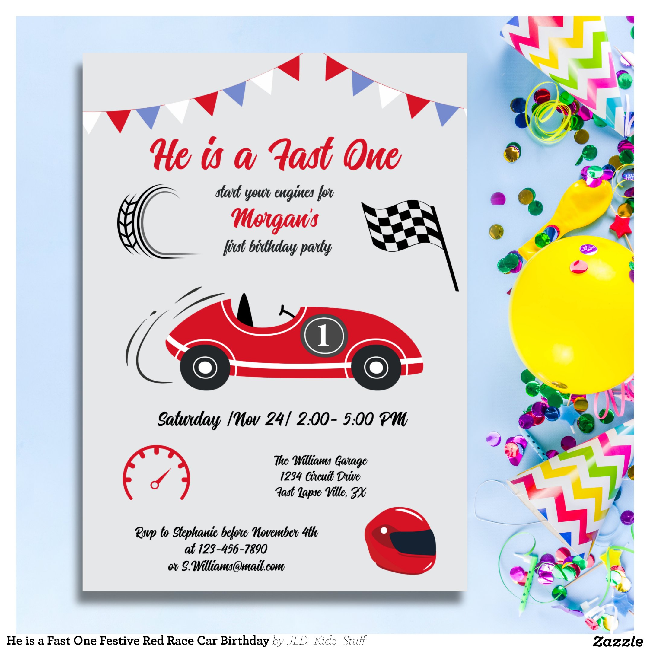 He is a Fast One Festive Red Race Car Birthday Invitation