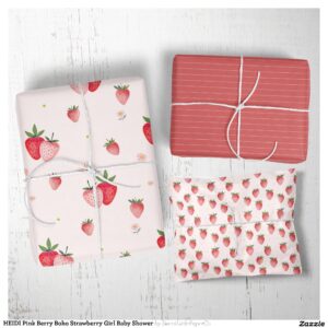 HEIDI Pink Berry Boho Strawberry Girl Baby Shower Wrapping Paper Sheets