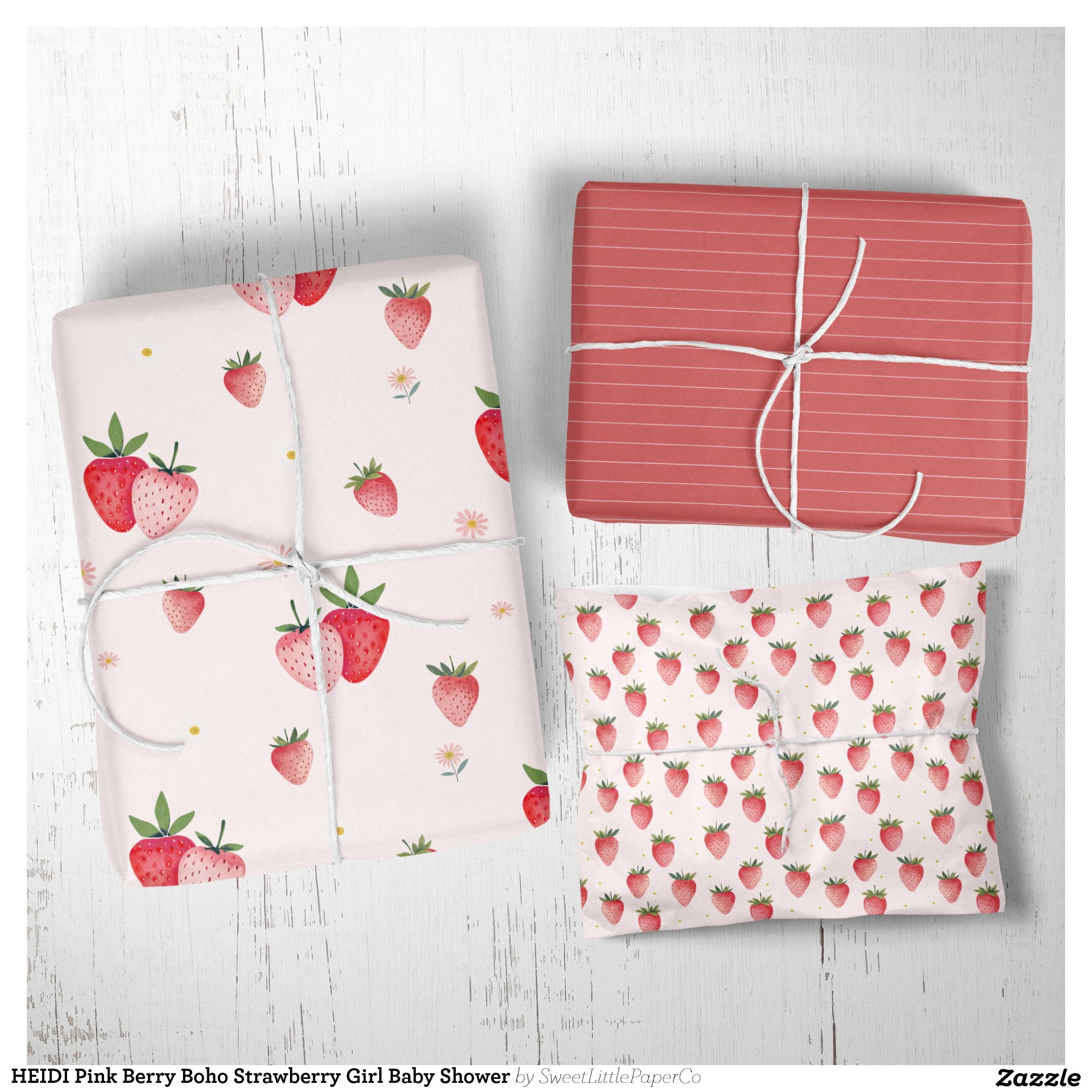 HEIDI Pink Berry Boho Strawberry Girl Baby Shower Wrapping Paper Sheets