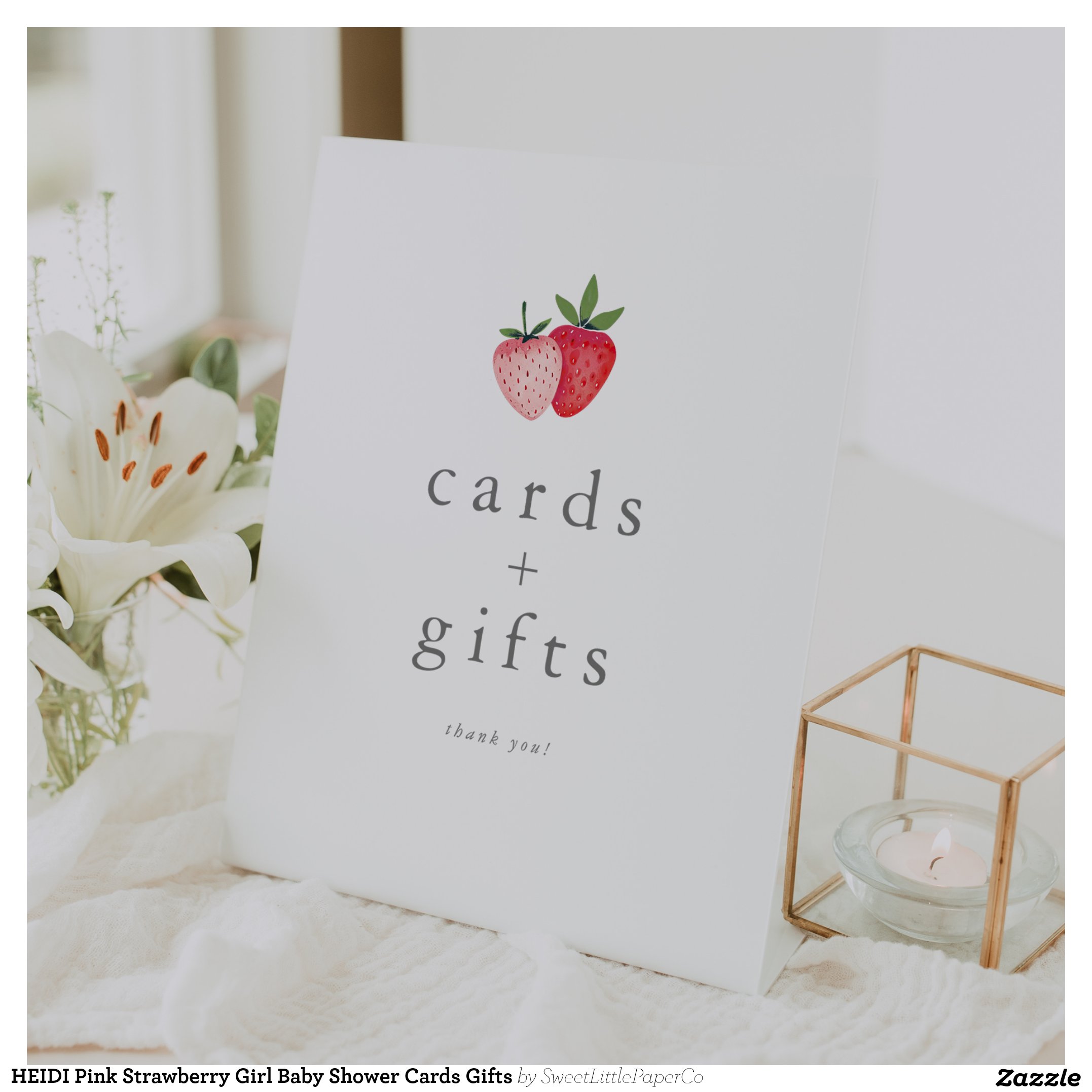 HEIDI Pink Strawberry Girl Baby Shower Cards Gifts Pedestal Sign