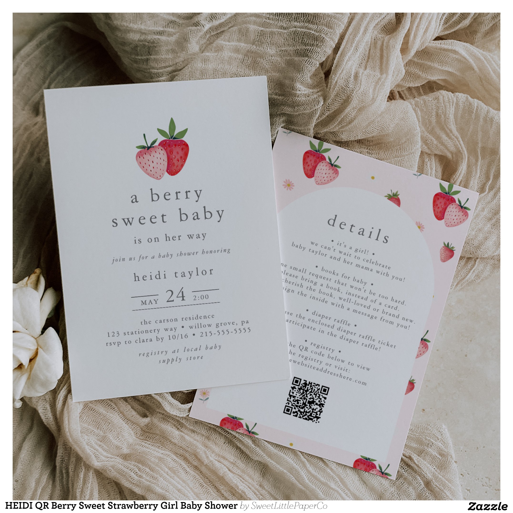HEIDI QR Berry Sweet Strawberry Girl Baby Shower Invitation