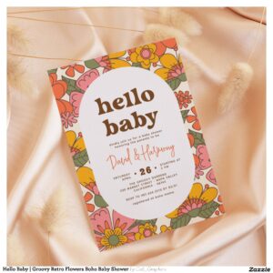 Hello Baby   Groovy Retro Flowers Boho Baby Shower Invitation