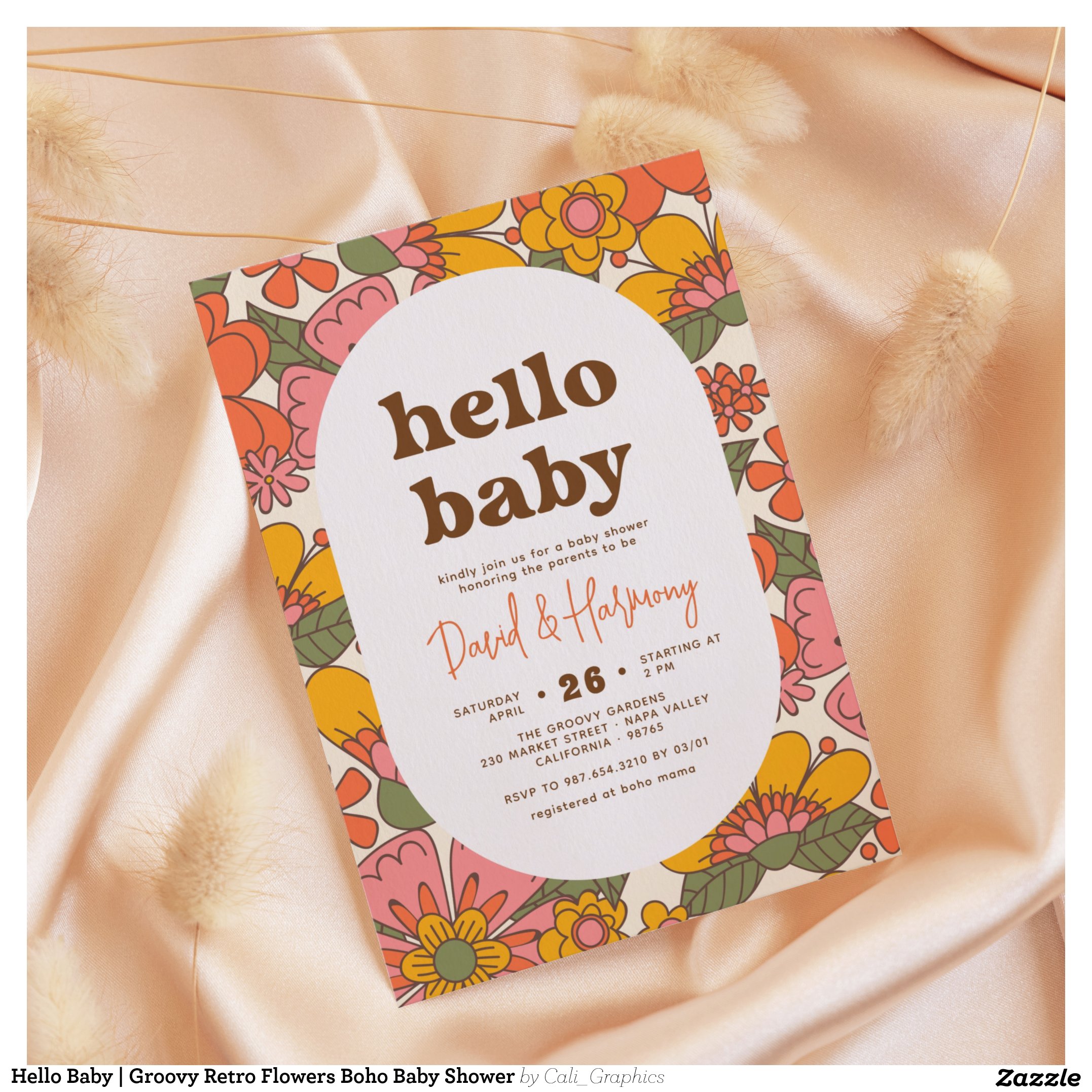 Hello Baby   Groovy Retro Flowers Boho Baby Shower Invitation