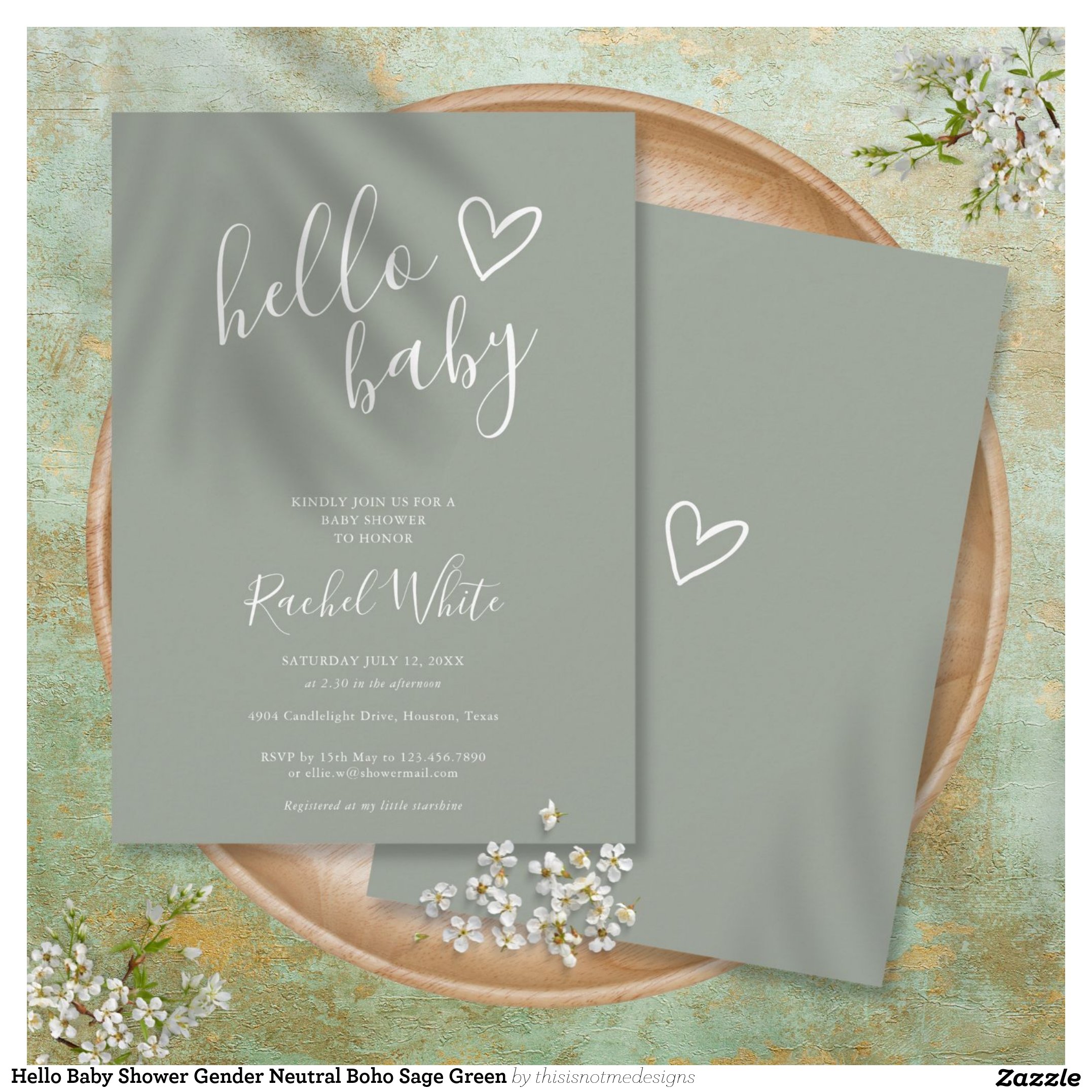 Hello Baby Shower Gender Neutral Boho Sage Green Invitation