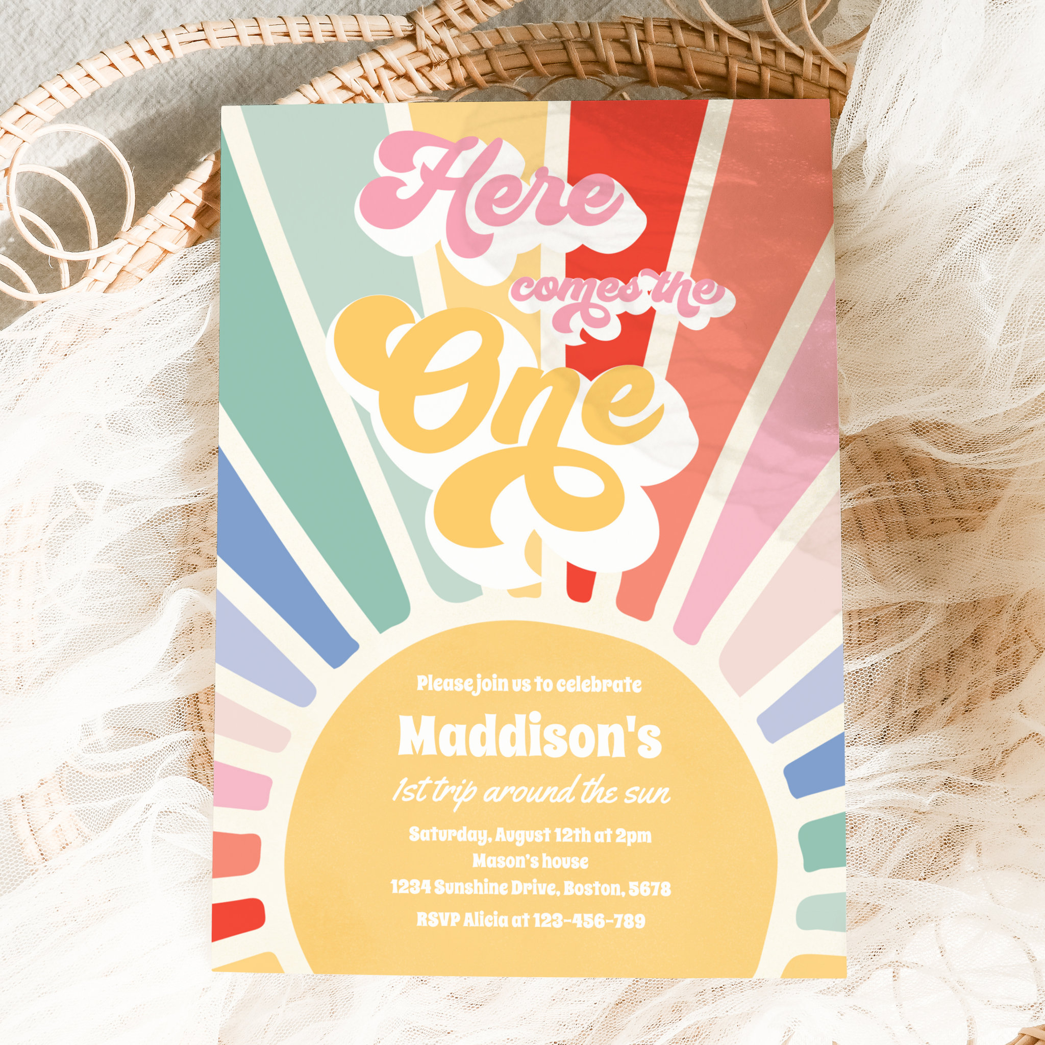 Here Comes The One Boho Sunshine 1st Birthday Invitation