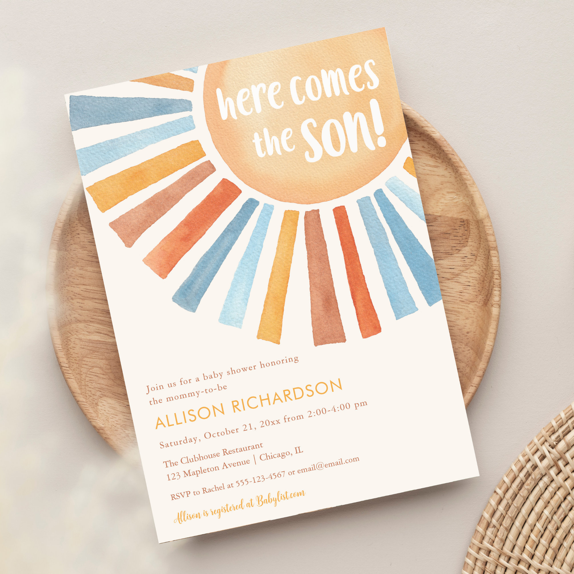 Here comes the SON boy boho sunshine baby shower Invitation