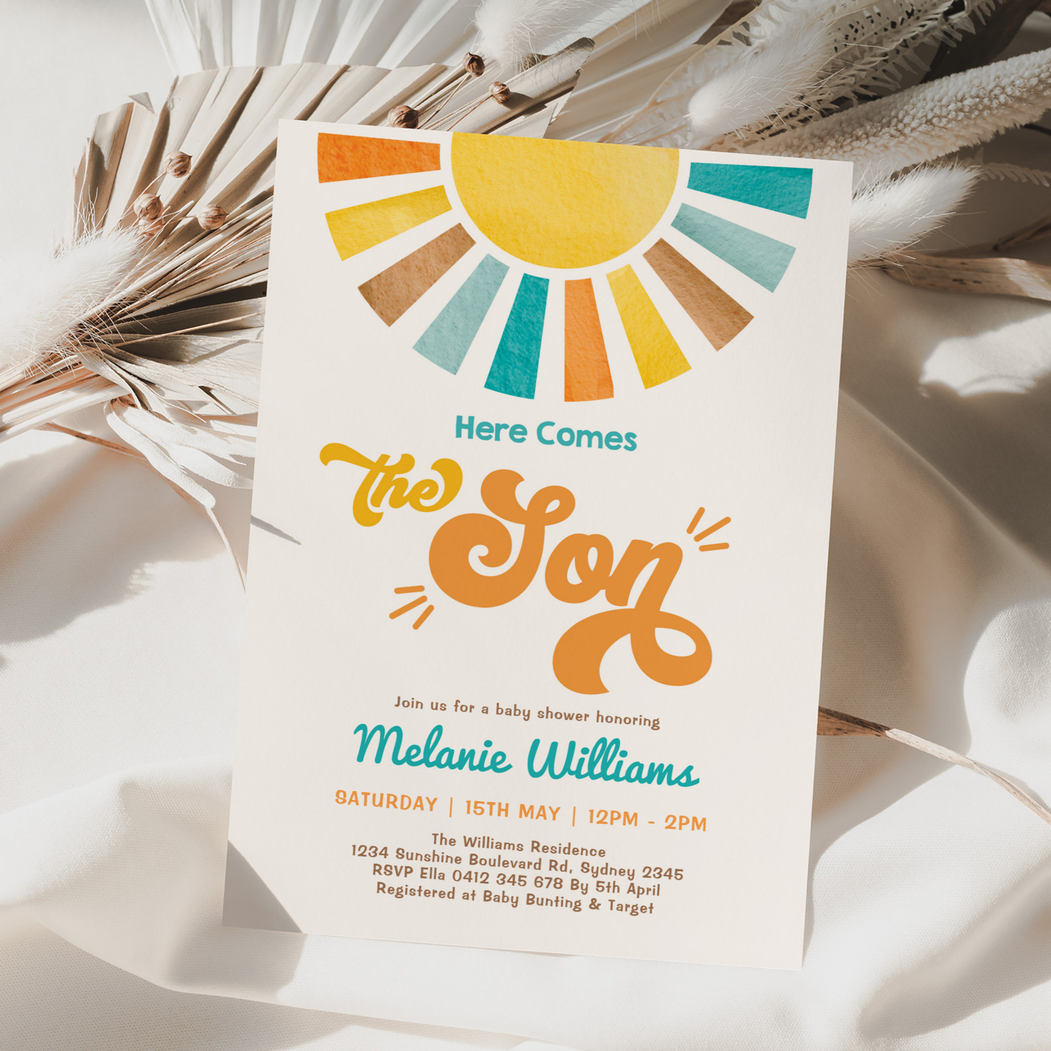 Here Comes the Son Retro Sun Boy Baby Shower Invitation