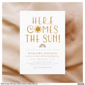 Here Comes The Sun   Boho Rainbow Baby Shower Invitation