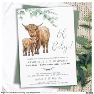 Highland Cow Boho Greenery Sage Baby Shower Invitation