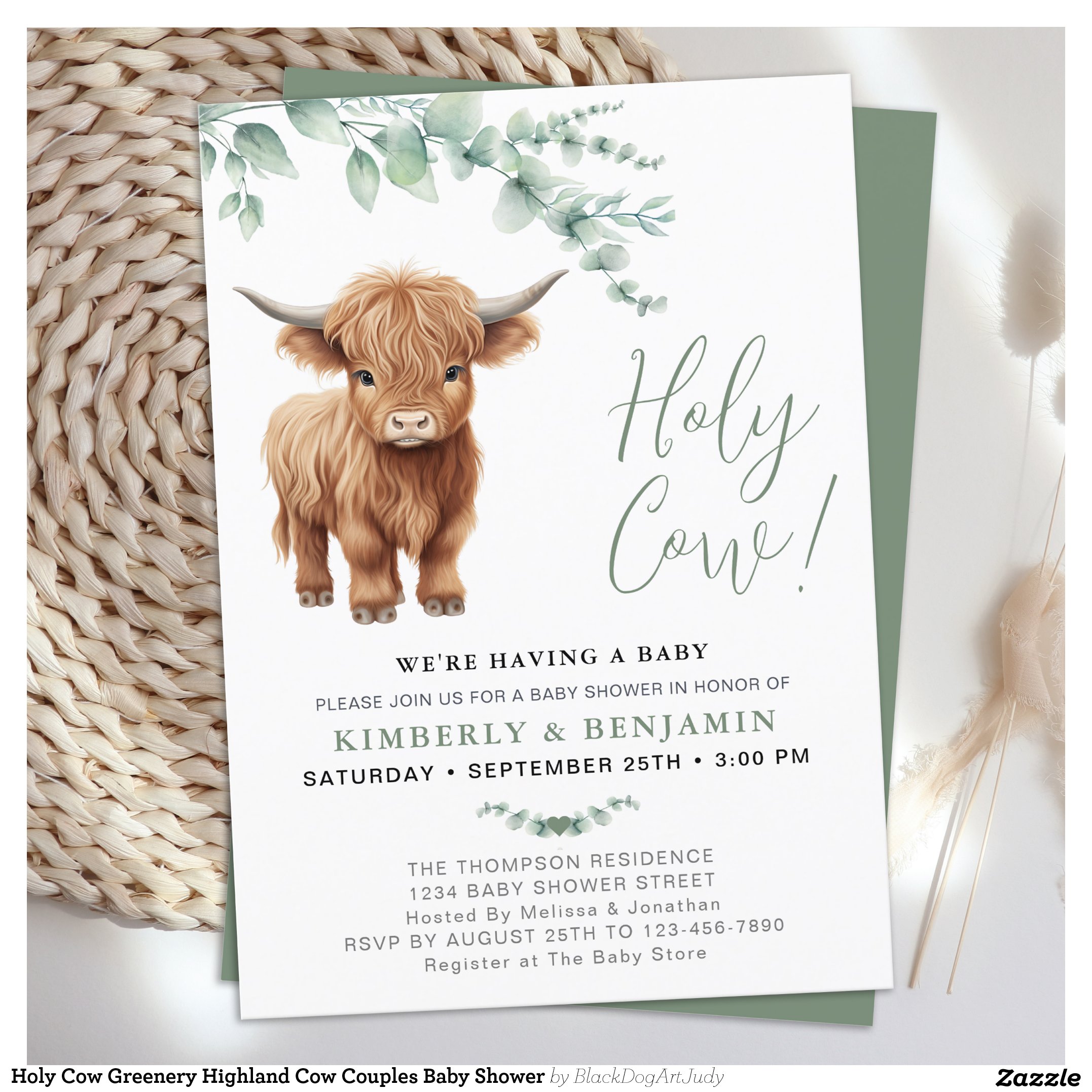 Holy Cow Greenery Highland Cow Couples Baby Shower Invitation