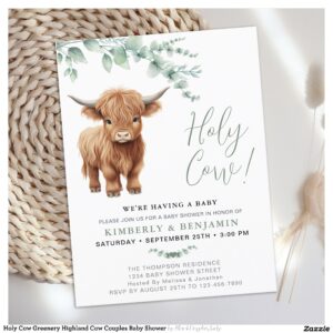 Holy Cow Greenery Highland Cow Couples Baby Shower Invitation Postcard