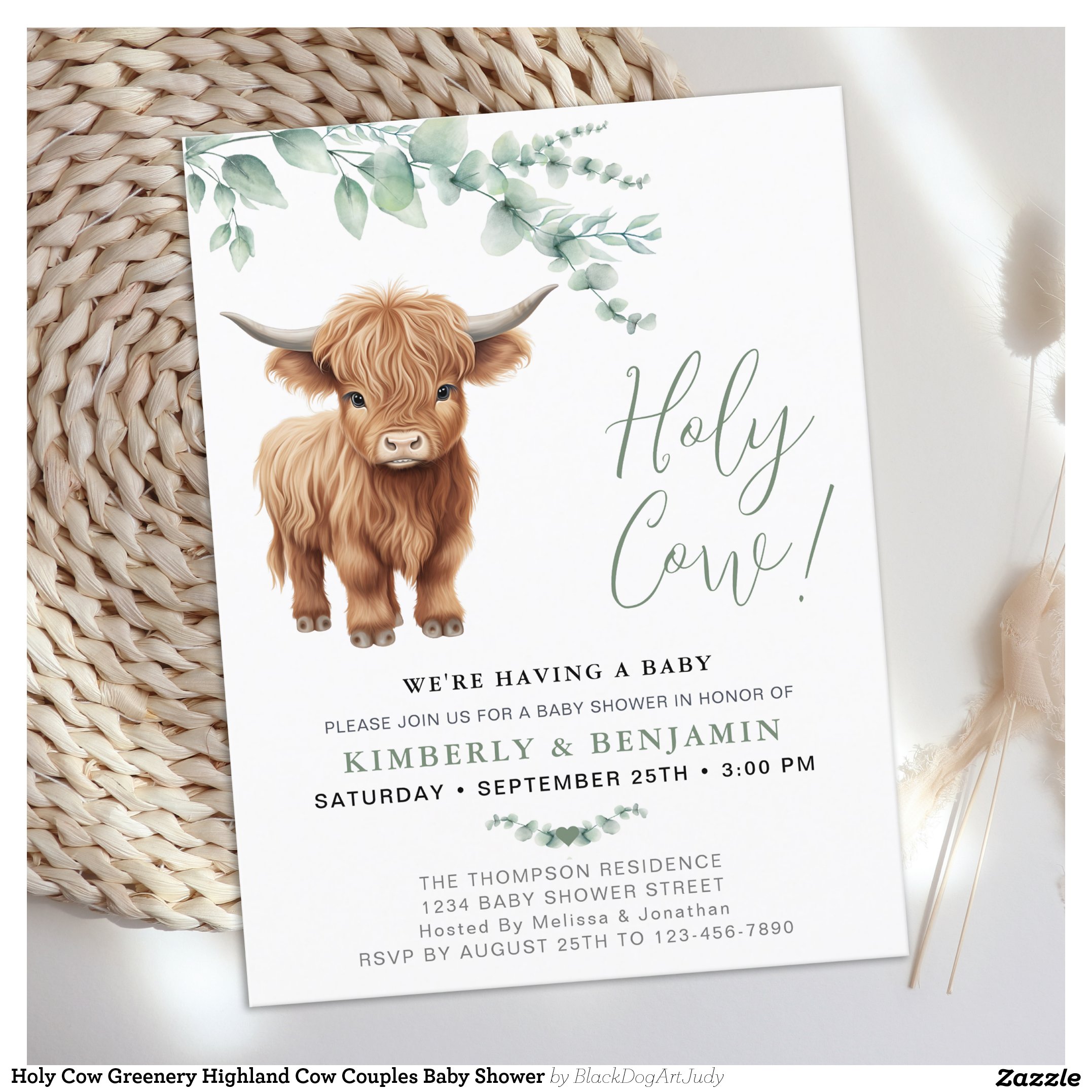 Holy Cow Greenery Highland Cow Couples Baby Shower Invitation Postcard