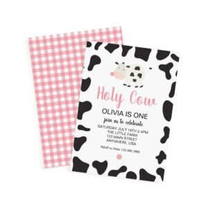 Holy Cow I'm One Pink Gingham Daisy Birthday Invitation