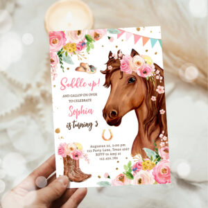 Horse Birthday Invite Girl Cowgirl Pink Floral