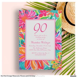 Hot Pink Orange Watercolor Flowers 90th Birthday Invitation